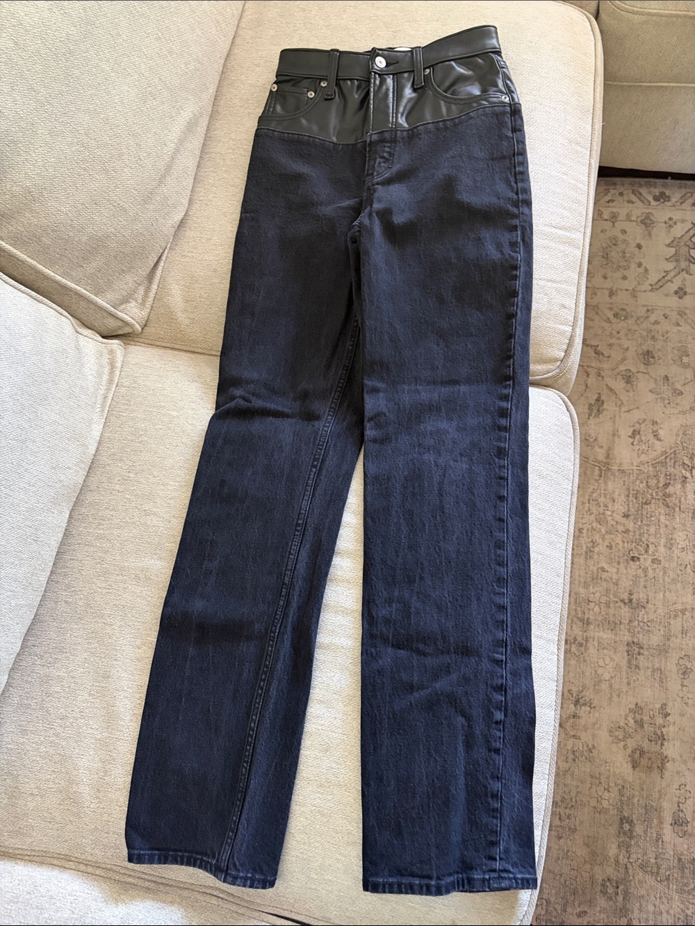 Abercrombie & Fitch Black Flare Jeans with Faux Leather Waistband